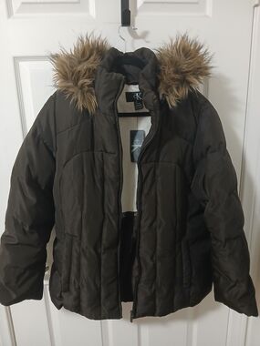Calvin Klein Women's Brown Duck Down Hooded Faux Fur Trim Puffer Jacket Coat XL